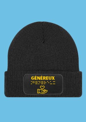 Bonnet noir avec pour inscription Généreux en doré