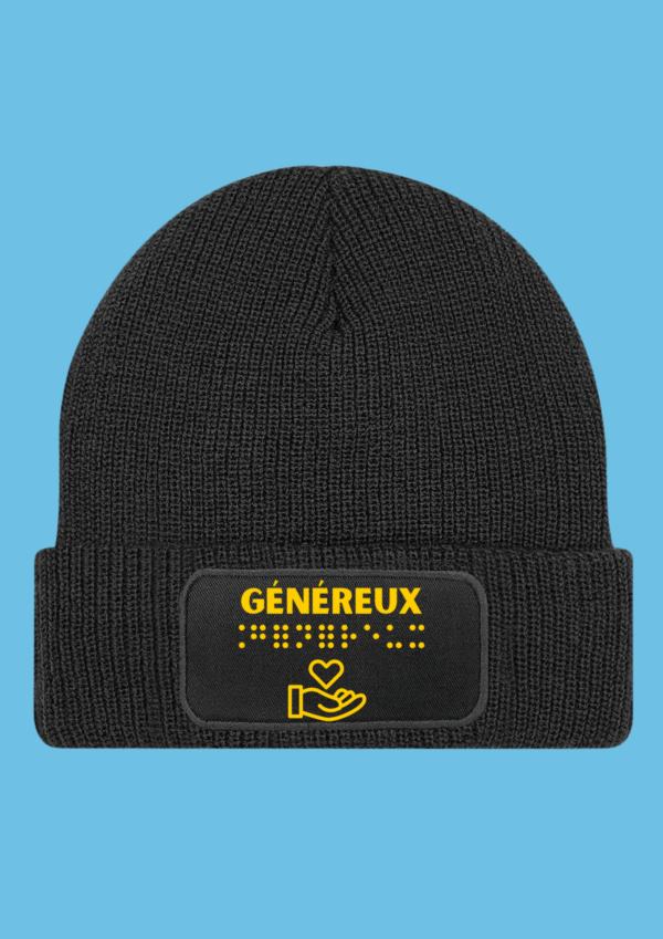 Bonnet noir avec pour inscription Généreux en doré