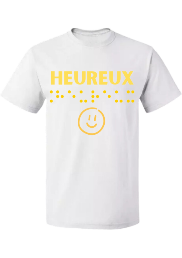 un t-shirt avec inscription " heureux "en braille en relief. T-shirt inclusif, design accessible, mode tactile pour non-voyants et malvoyants.