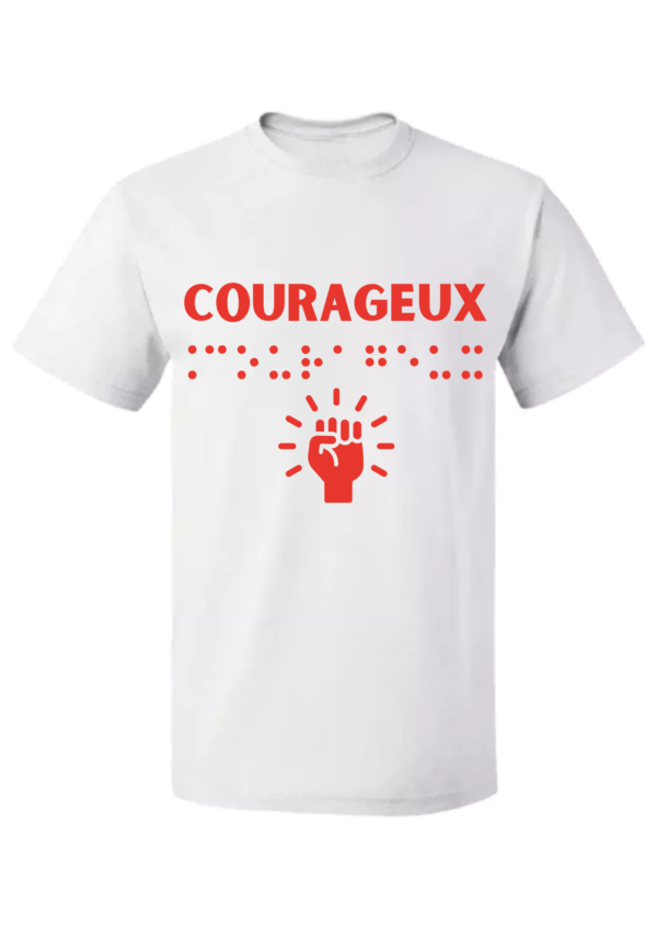 un t-shirt avec inscription " courageux "en braille en relief. T-shirt inclusif, design accessible, mode tactile pour non-voyants et malvoyants.