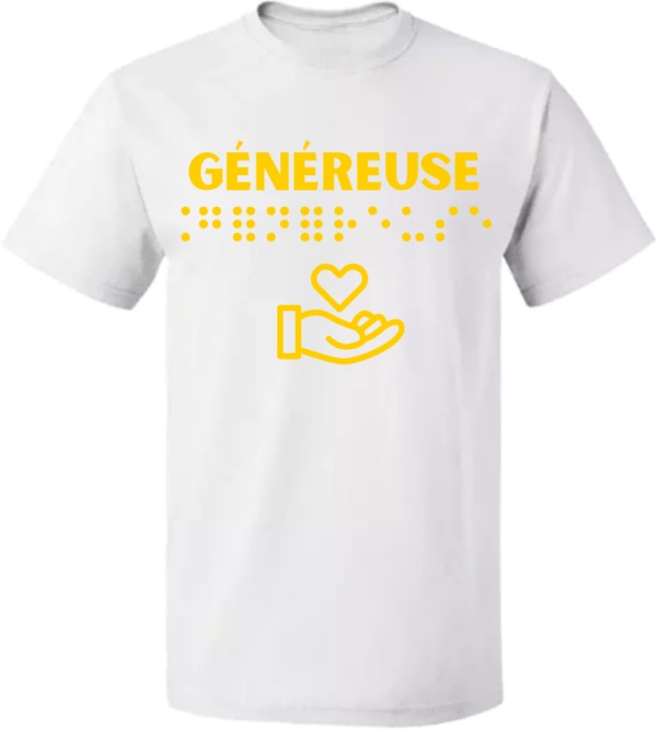 un t-shirt avec inscription " généreuse "en braille en relief. T-shirt inclusif, design accessible, mode tactile pour non-voyants et malvoyants.