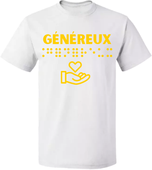 un t-shirt avec inscription " généreux "en braille en relief. T-shirt inclusif, design accessible, mode tactile pour non-voyants et malvoyants.