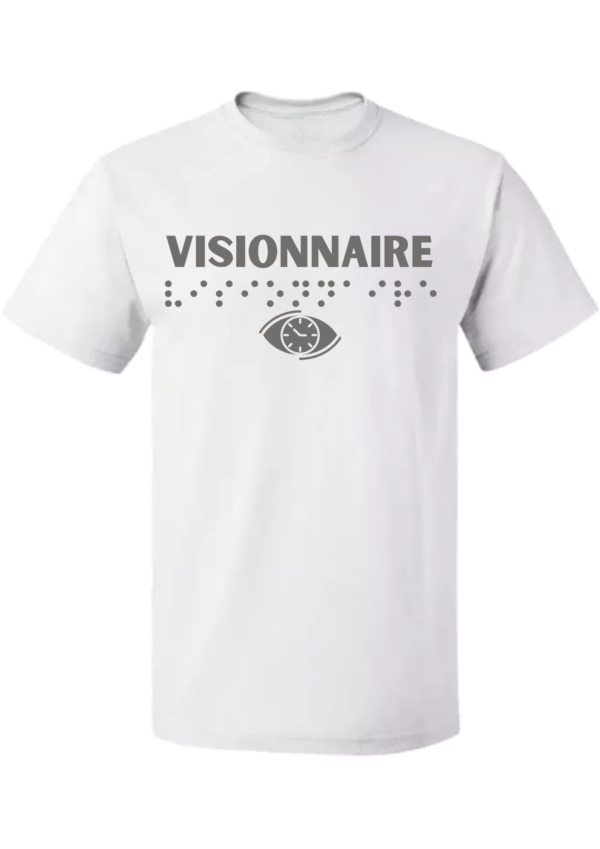 un t-shirt blanc avec inscription " visionnaire"en braille en relief. T-shirt inclusif, design accessible, mode tactile pour non-voyants et malvoyants.