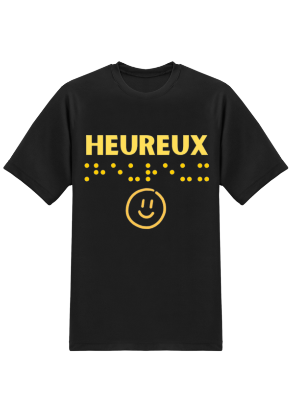 un t-shirt noir avec inscription " heureux "en braille en relief. T-shirt inclusif, design accessible, mode tactile pour non-voyants et malvoyants.