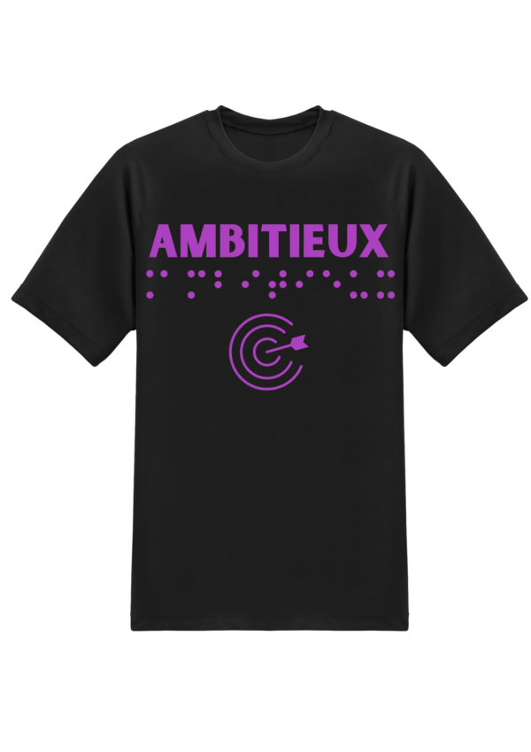 un t-shirt avec inscription " ambitieux "en braille en relief. T-shirt inclusif, design accessible, mode tactile pour non-voyants et malvoyants.