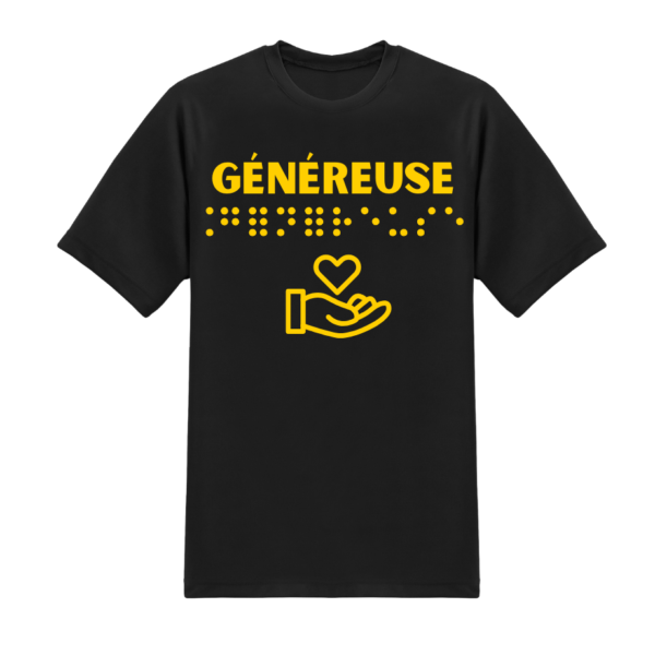 un t-shirt avec inscription " généreuse "en braille en relief. T-shirt inclusif, design accessible, mode tactile pour non-voyants et malvoyants.