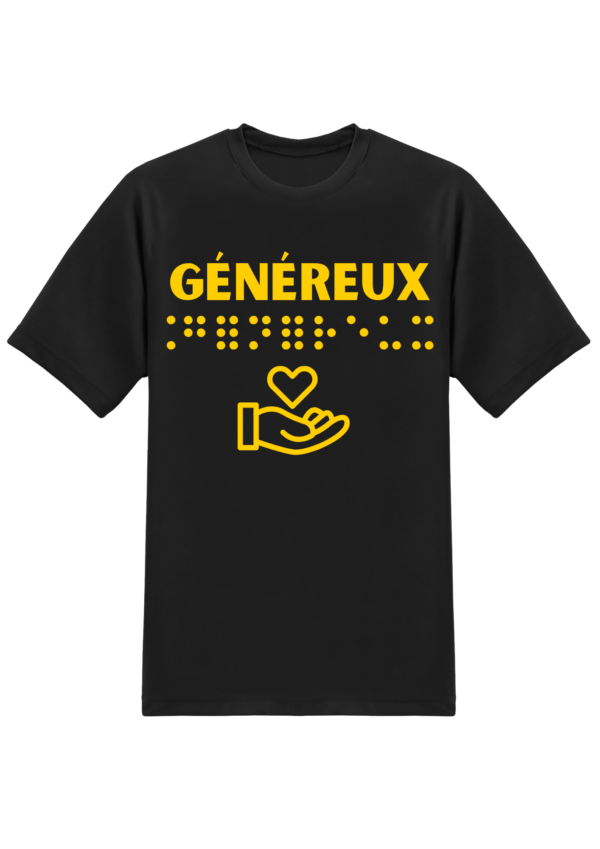 un t-shirt avec inscription " généreux "en braille en relief. T-shirt inclusif, design accessible, mode tactile pour non-voyants et malvoyants.