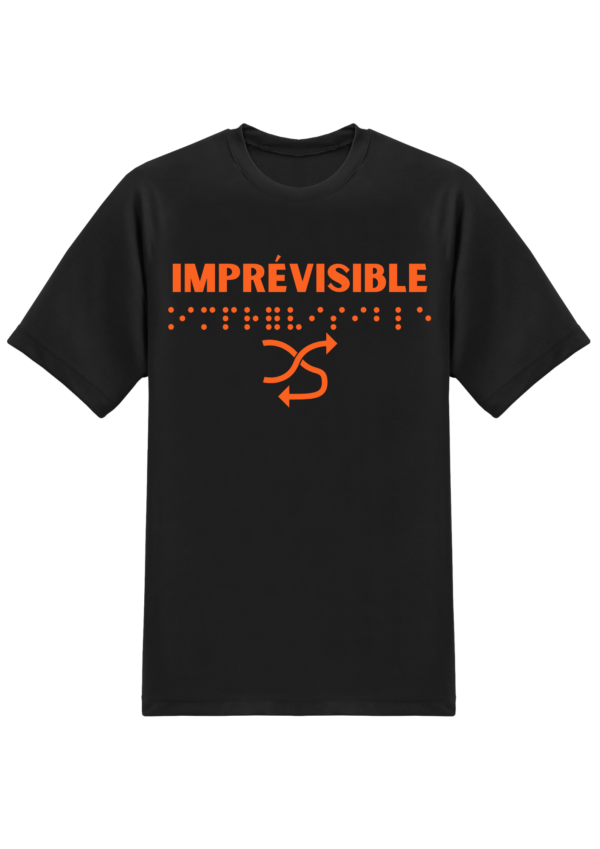 un t-shirt avec inscription " imprévisible "en braille en relief. T-shirt inclusif, design accessible, mode tactile pour non-voyants et malvoyants.