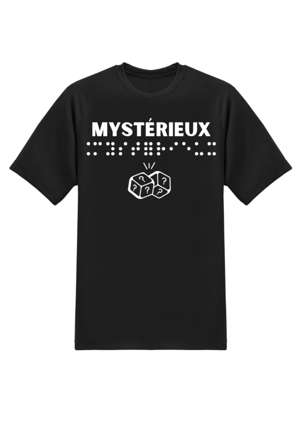 un t-shirt avec inscription " mystérieux "en braille en relief. T-shirt inclusif, design accessible, mode tactile pour non-voyants et malvoyants.