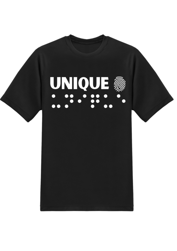 un t-shirt noir avec inscription " unique" en braille en relief. T-shirt inclusif, design accessible, mode tactile pour non-voyants et malvoyants.