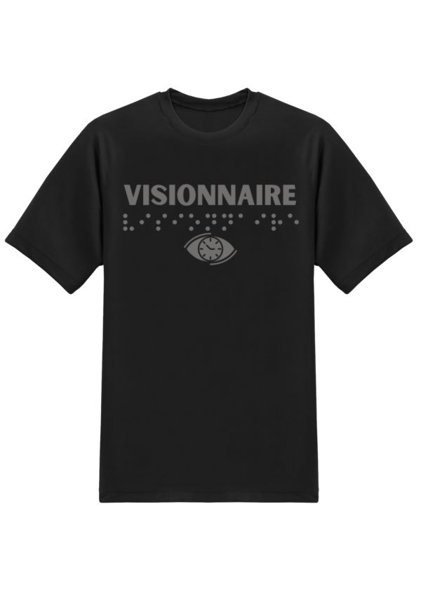 un t-shirt noir avec inscription " visionnaire"en braille en relief. T-shirt inclusif, design accessible, mode tactile pour non-voyants et malvoyants.